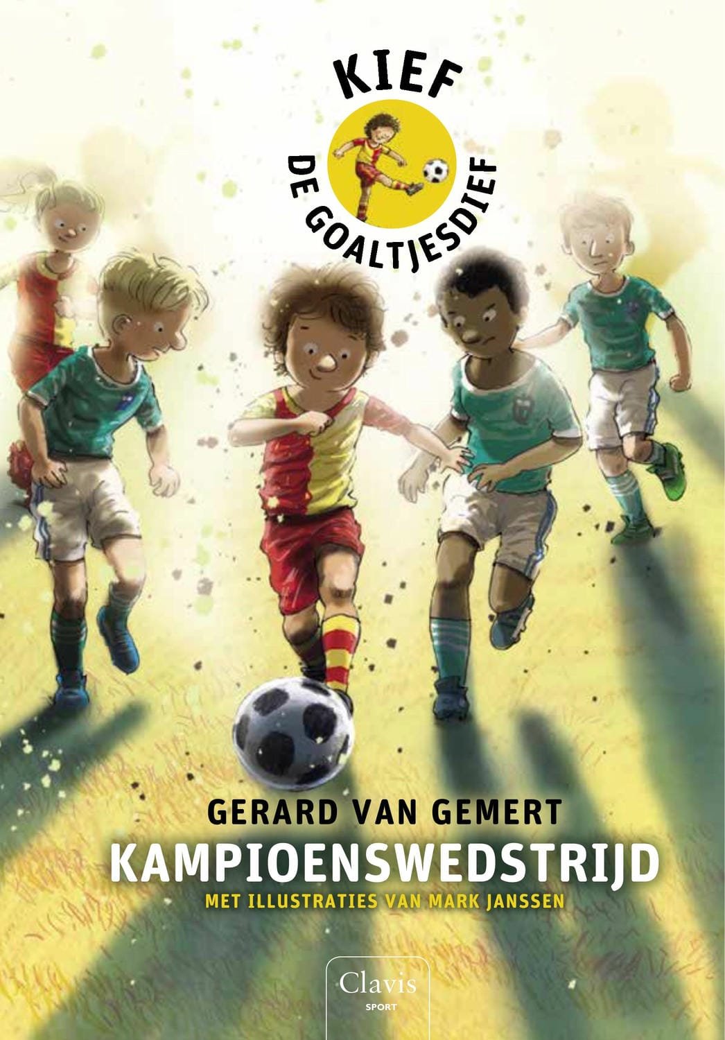 Boekomslag van Kief de Goaltjesdief deel 15: Kampioenswedstrijd, met vrolijke kinderen die een overwinning vieren