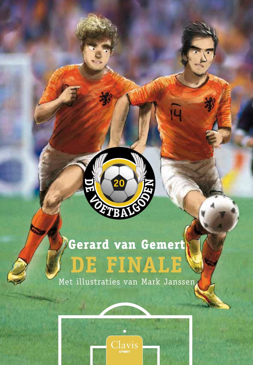 Boekomslag van De Finale, deel 20 van De Voetbalgoden serie door Gerard van Gemert, met illustraties van Mark Janssen. De cover toont twee voetballers in oranje Nederlands elftal tenues.