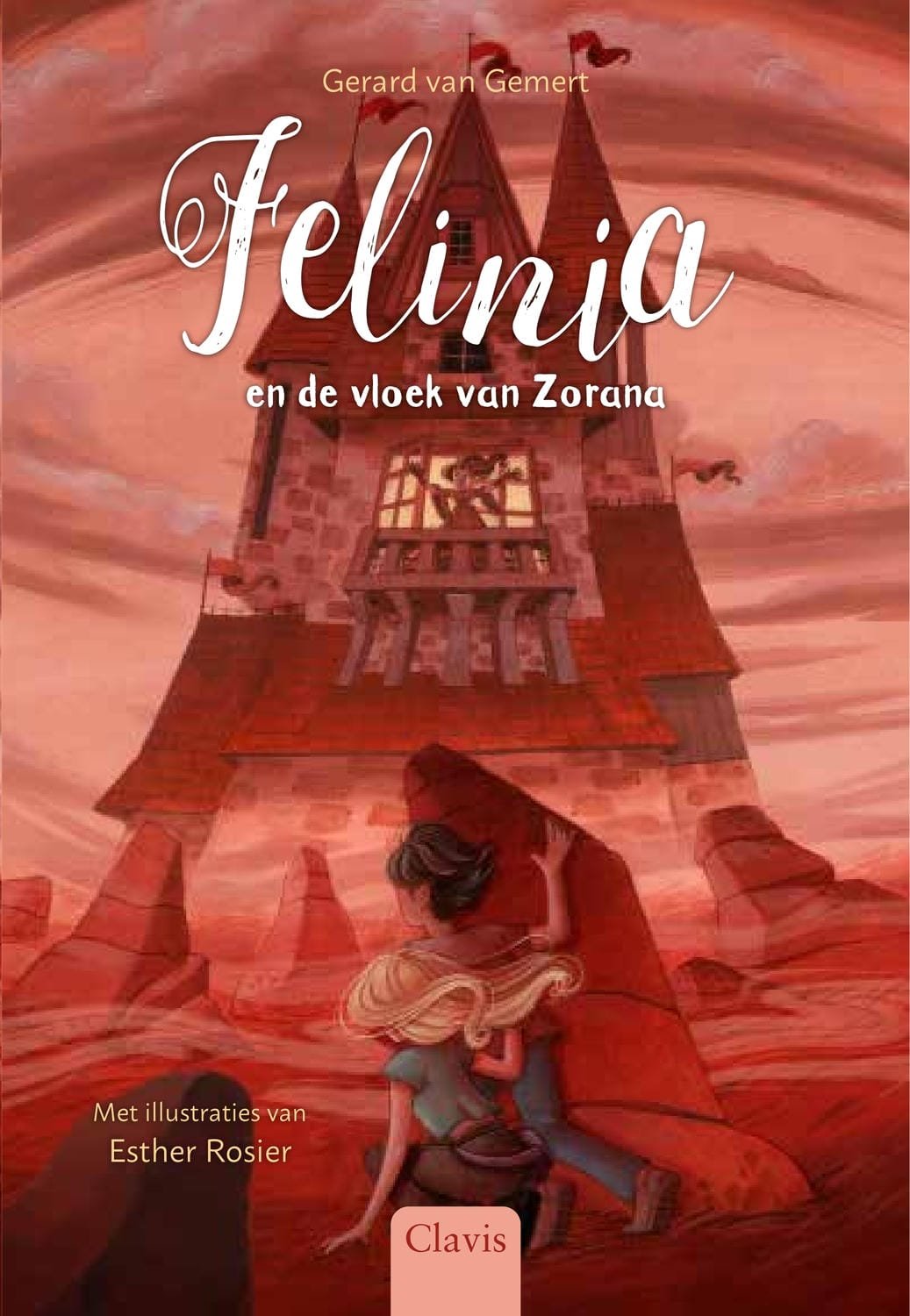 Boekomslag van Felinia en de vloek van Zorana, deel 2 van de Felinia serie door Gerard van Gemert, met illustraties van Esther Rosier. Een fantasyverhaal met een meisje bij een donkere toren onder een rode lucht met vleermuizen.